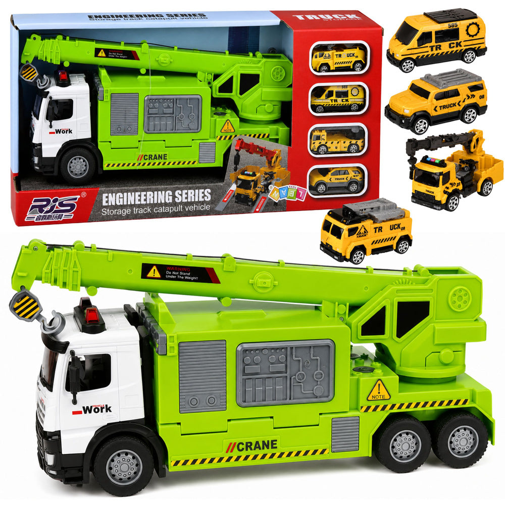 Truck with Crane and Vehicle Transporter Lights Sounds Green