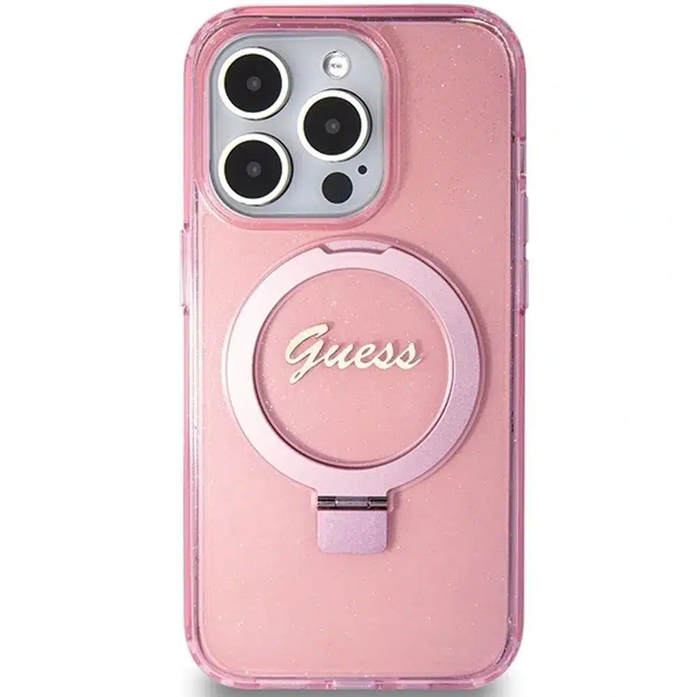 Originalna GUESS Hardcase GUHMP15XHRSGSP torbica za iPhone 15 Pro Max (Magsafe / Glitter Script Logo / stalak za prsten / pink)