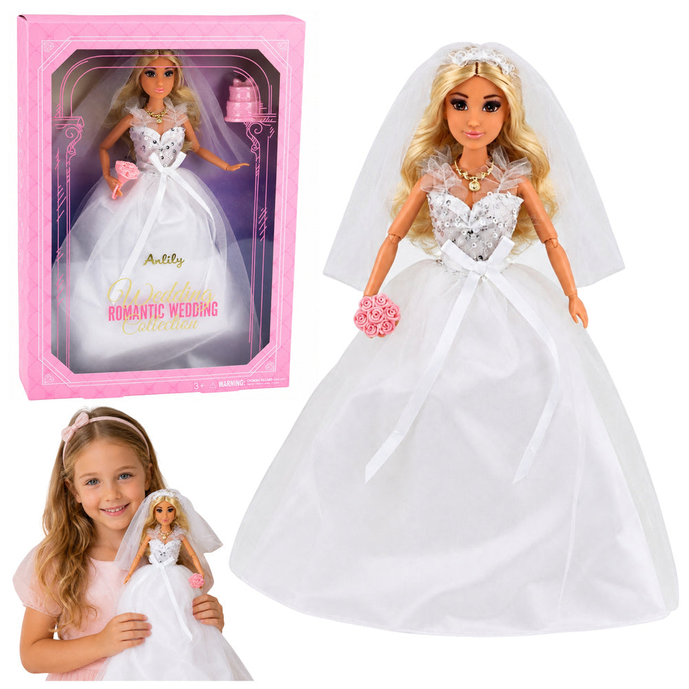 Anlily Doll in Sequined Wedding Dress Bride Veil Bouquet Cake
