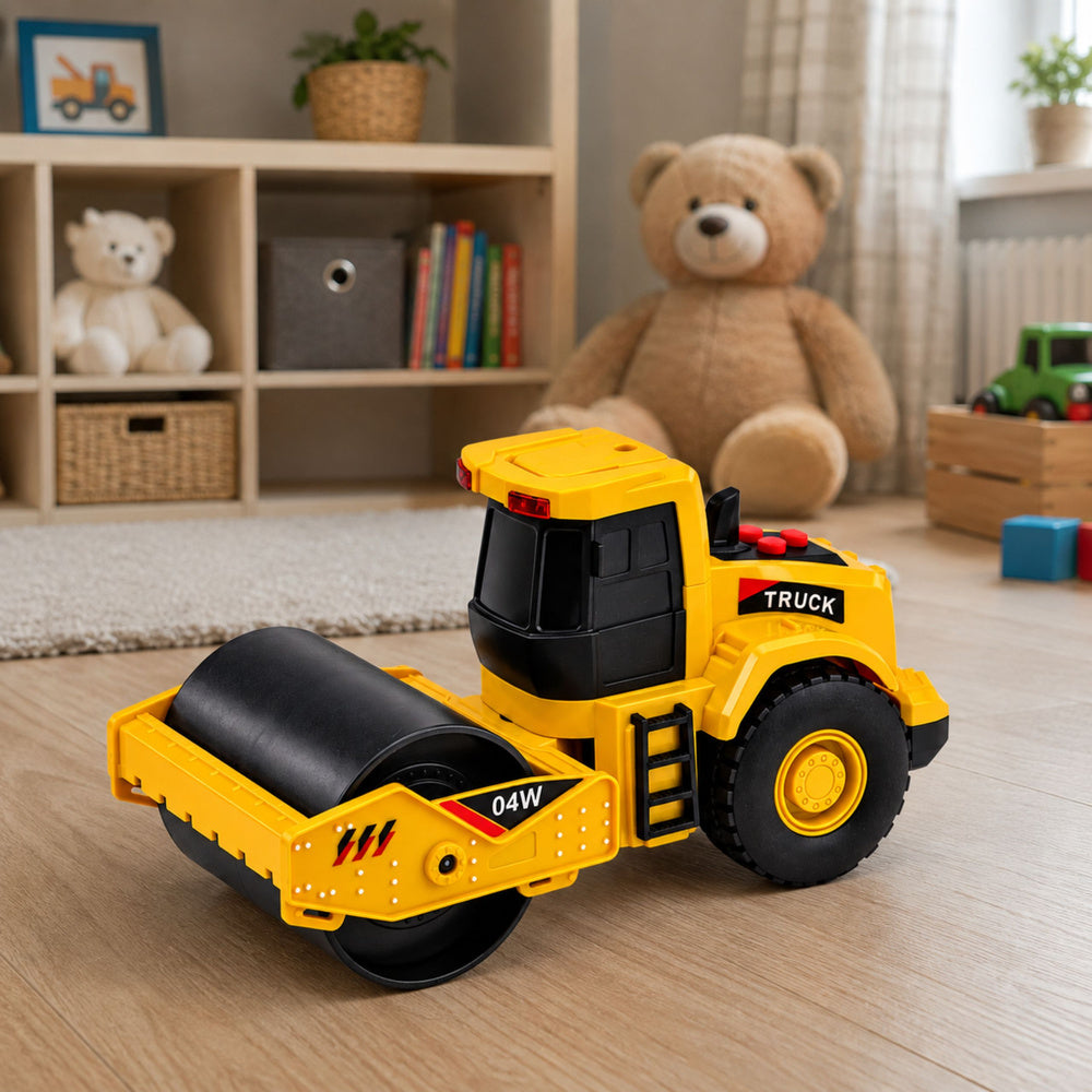 Road Roller Construction Vehicle Rotating Roller Lights Sounds Yellow 1:32