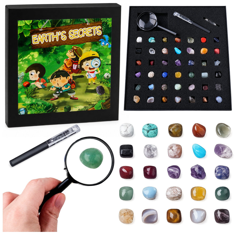 Set of Mineral Stones Natural Crystals Collection Magnifying Glass Pen 43 pcs.
