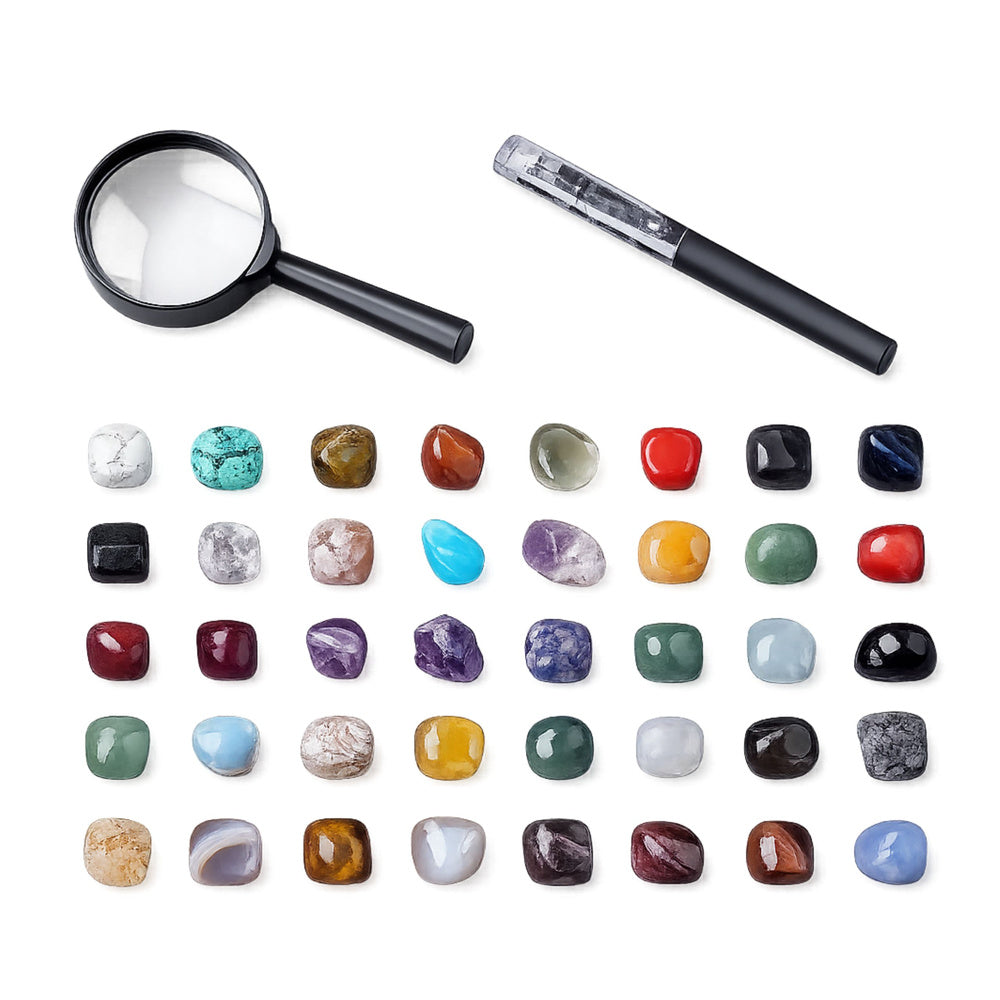 Set of Mineral Stones Natural Crystals Collection Magnifying Glass Pen 43 pcs.