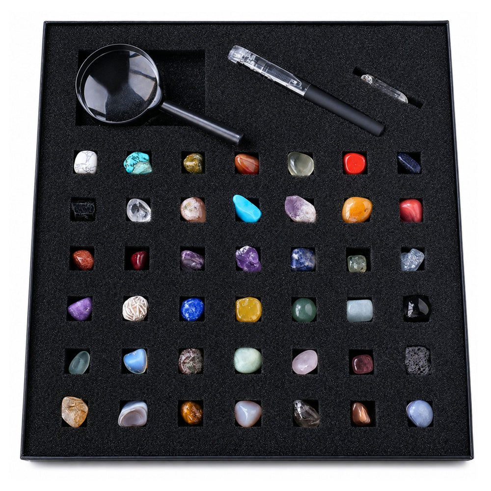Set of Mineral Stones Natural Crystals Collection Magnifying Glass Pen 43 pcs.