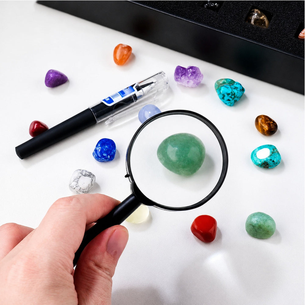 Set of Mineral Stones Natural Crystals Collection Magnifying Glass Pen 43 pcs.