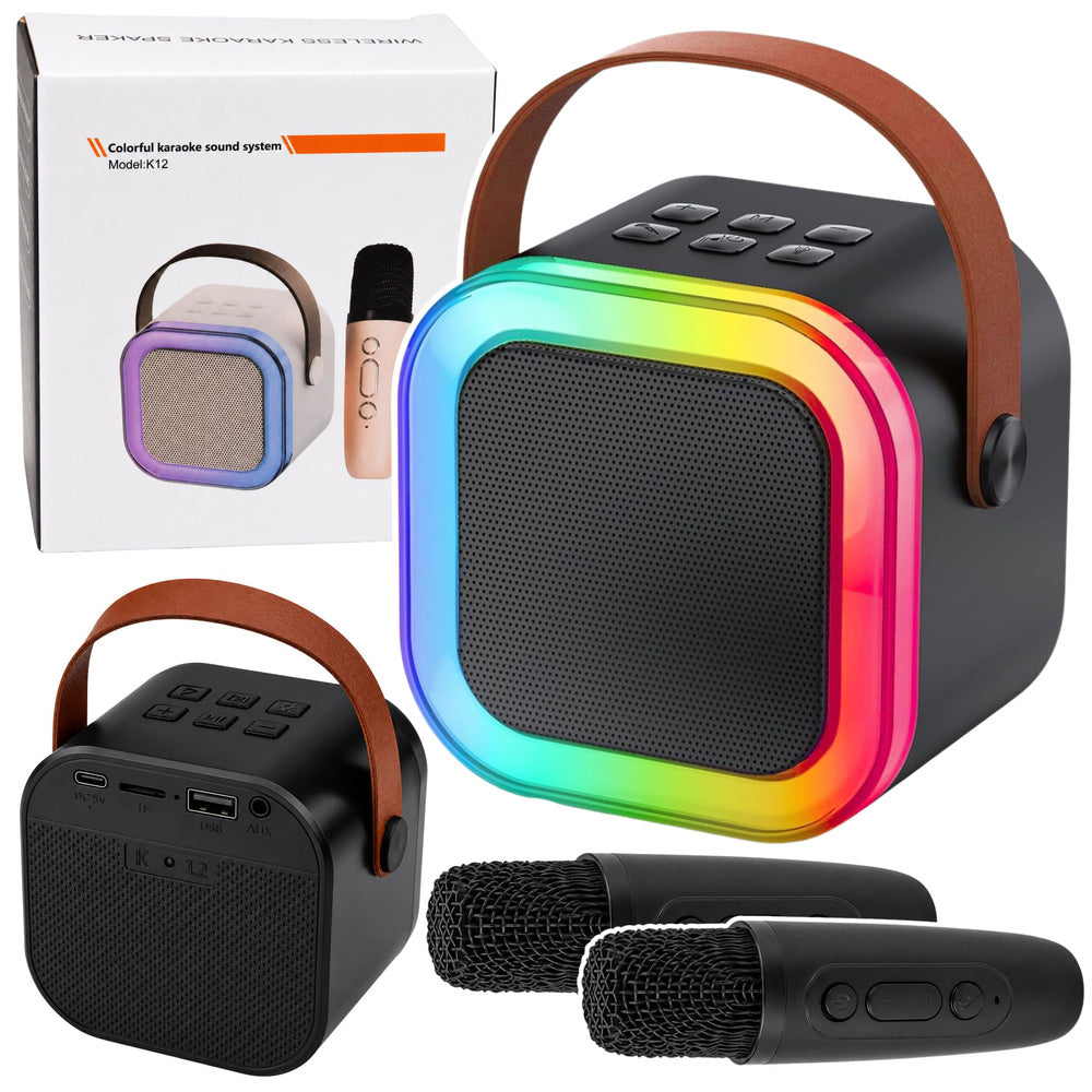 Karaoke Set Bluetooth Speaker Two Microphones LED Lights Black