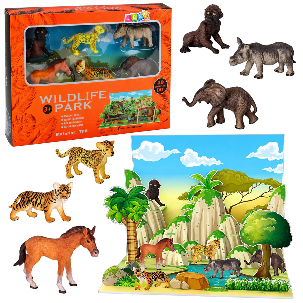 Wild Animals Figures Set Leopard Tiger Elephant Horse Park 3D Board