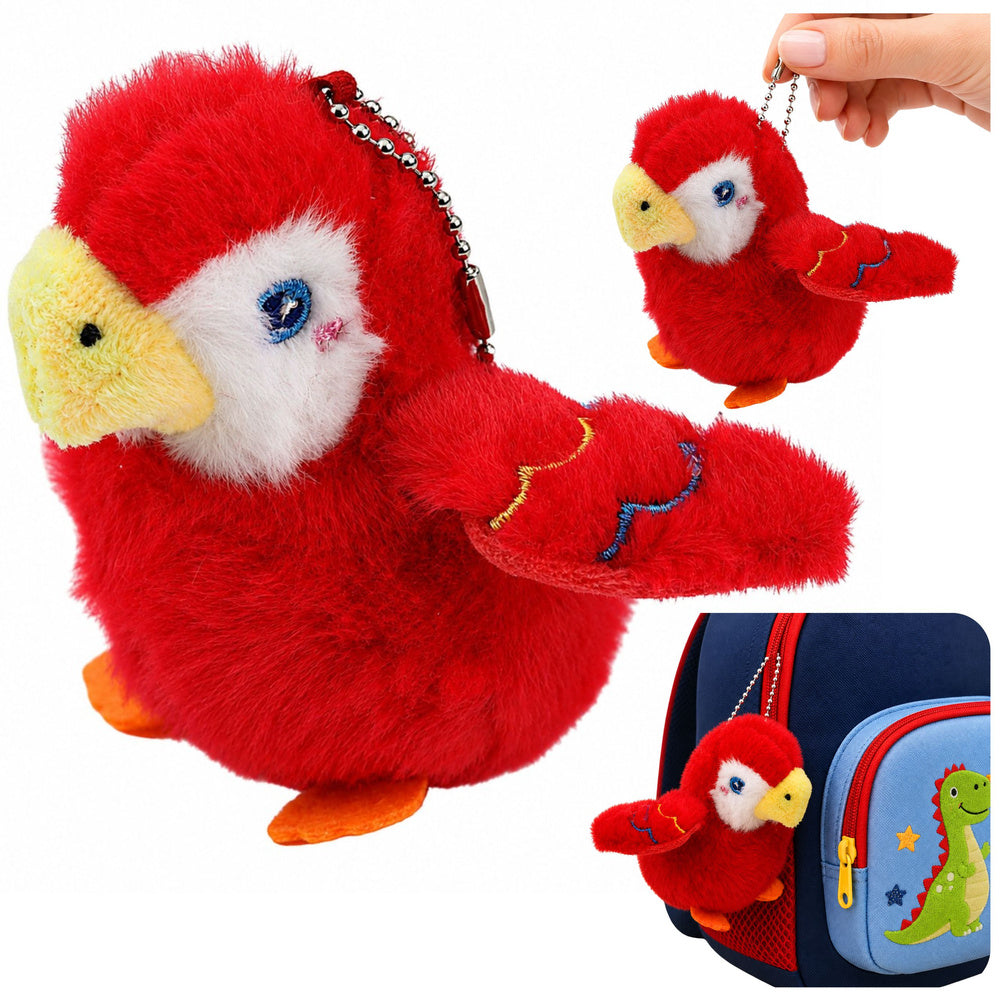 Plush Bird Parrot Mascot on a Keychain with a Pendant Red 9 cm
