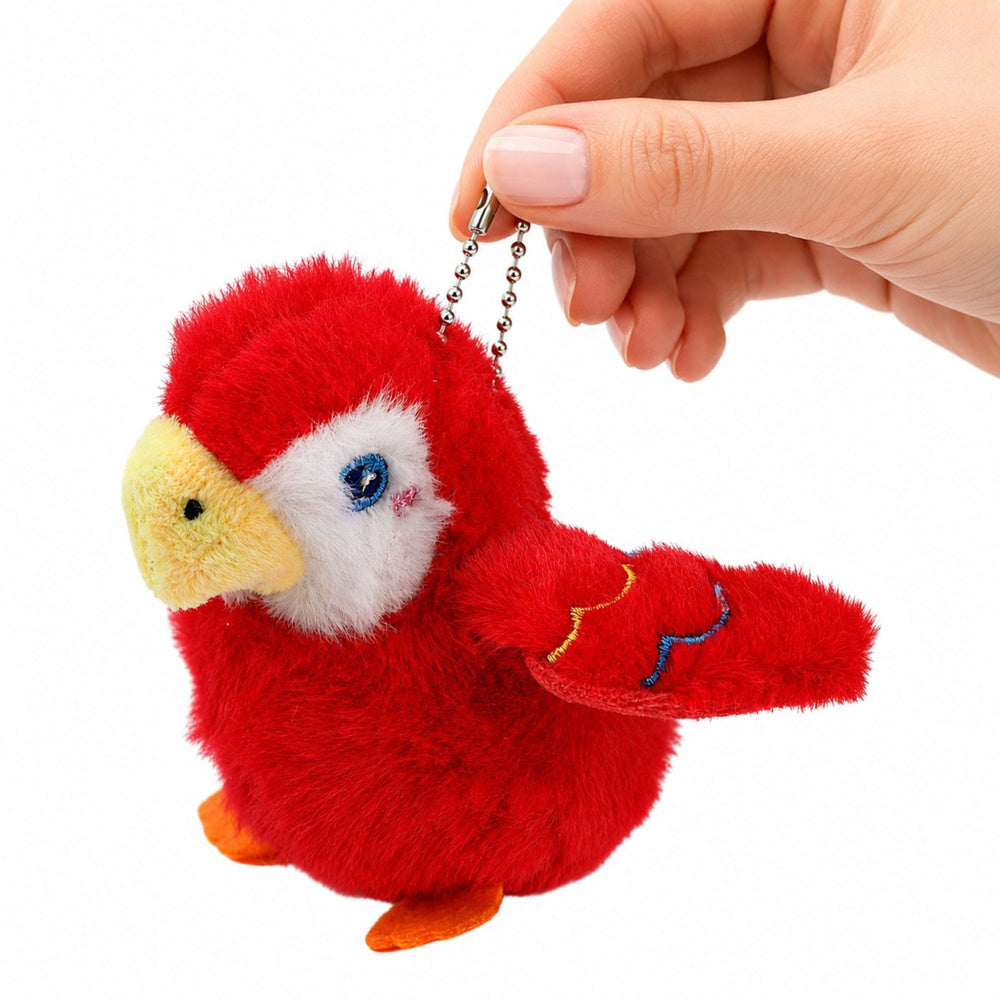 Plush Bird Parrot Mascot on a Keychain with a Pendant Red 9 cm