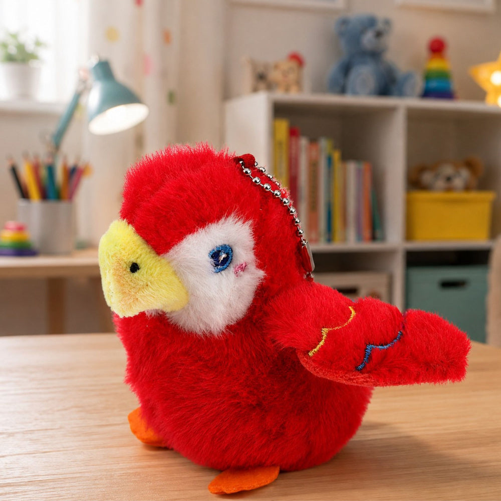 Plush Bird Parrot Mascot on a Keychain with a Pendant Red 9 cm