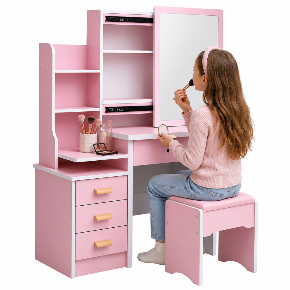 Cosmetic Dressing Table with Mirror, Drawers, Shelves, Stool, Pink 130x80x36 cm