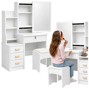 Cosmetic Dressing Table with Mirror, Drawers, Shelves, Stool, White, 130x80x36 cm