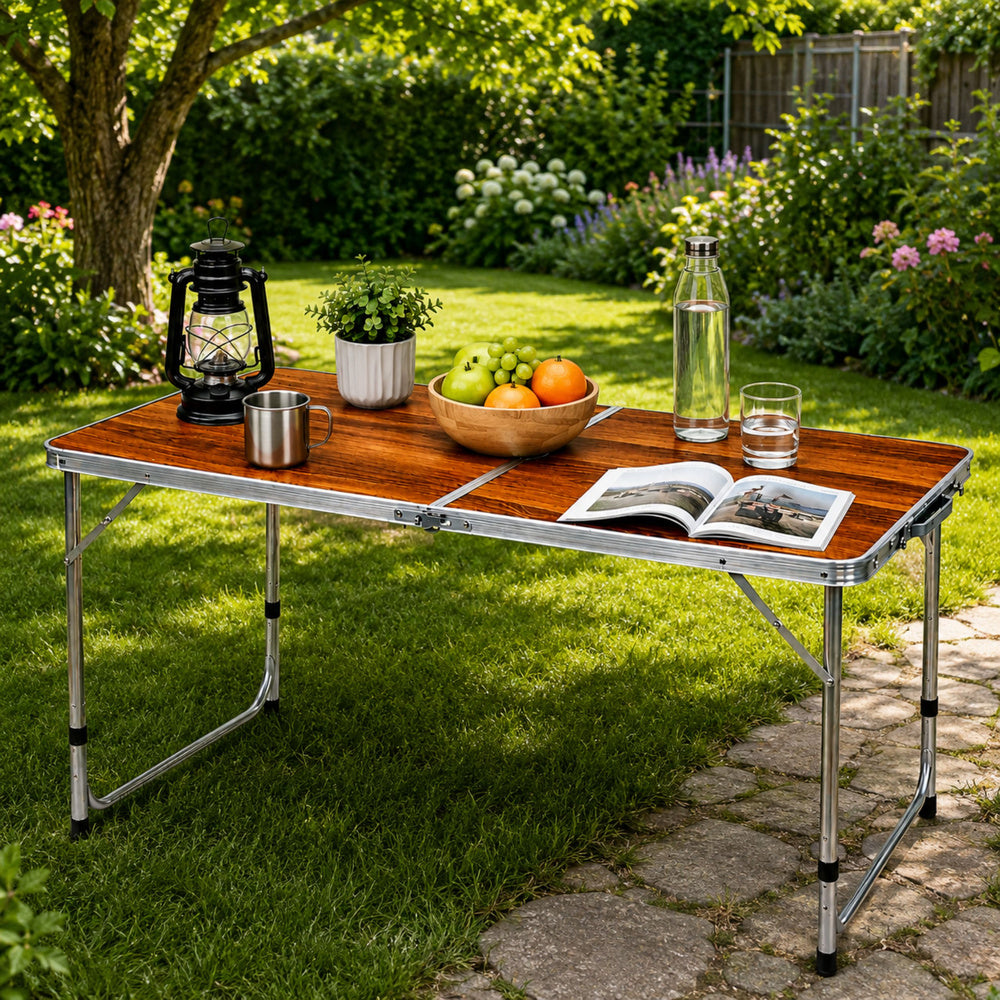 Folding Camping Table Adjustable Height Suitcase Wood