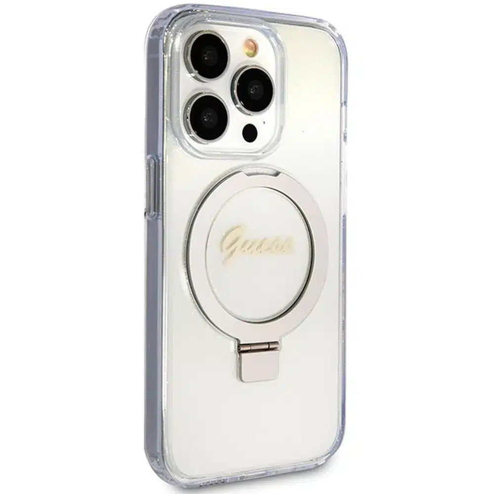 Originalna GUESS Hardcase GUHMP15XHRSGSD torbica za iPhone 15 Pro Max (Magsafe / Glitter Script Logo / stalak za prsten / prozirna)