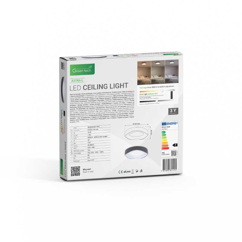 Smart plafonjera Green Tech ASTRA-L metalna 76W, 3CCT s daljinskim up., fi 52cm