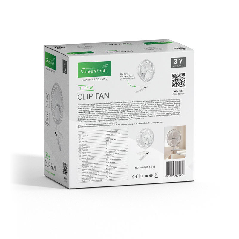 Ventilator s kopčom Green Tech 17W, 6", bijela boja