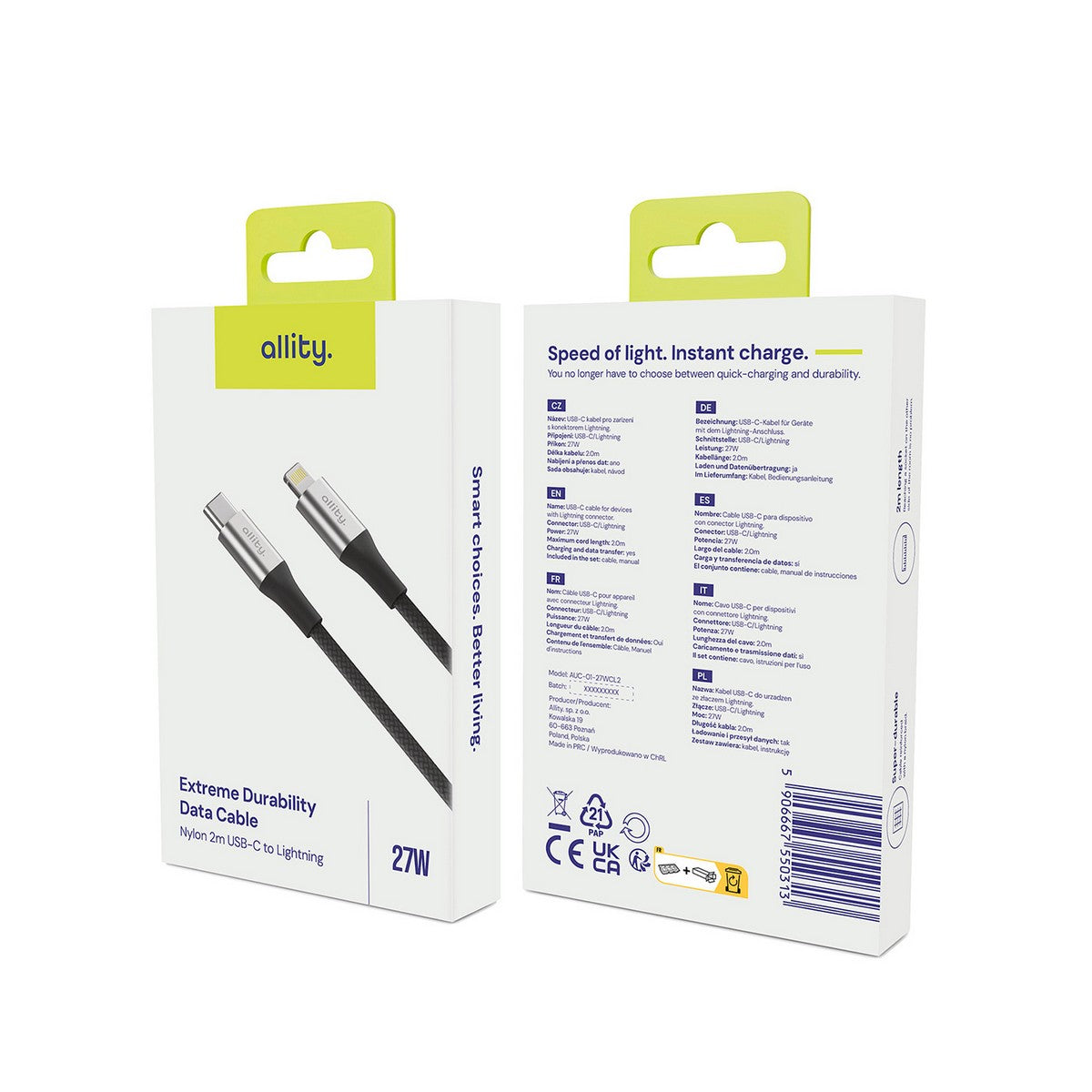 ALLITY kabel AUC-01 USB-C - Lightning 2,0 m 27W CRNI