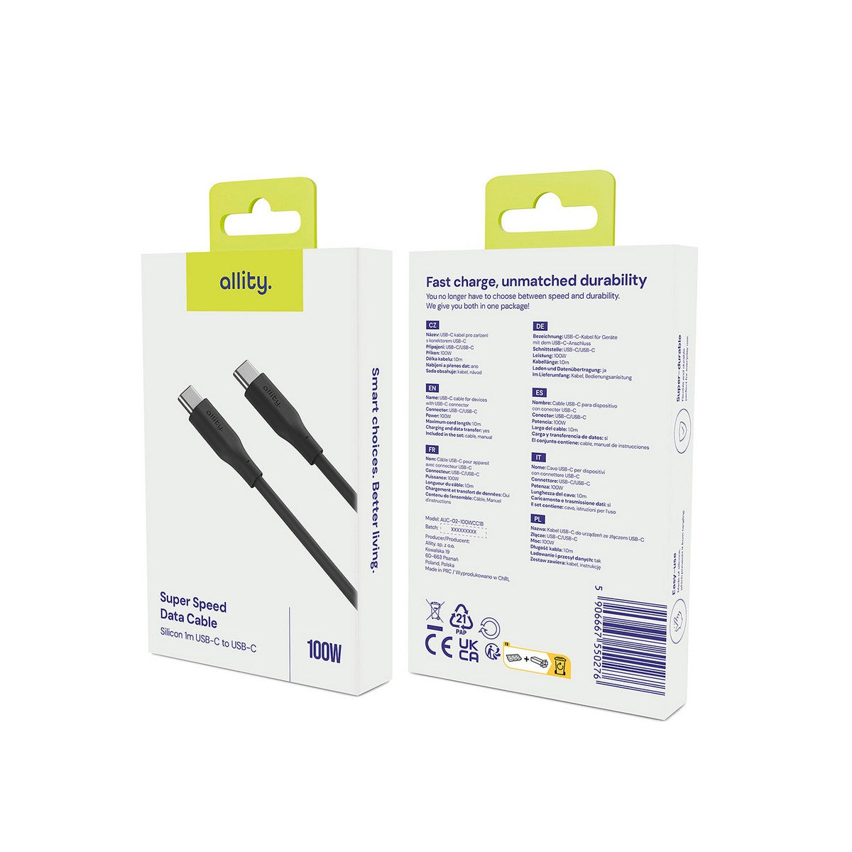 ALLITY kabel AUC-02 USB-C - USB-C 1,0 m 100W CRNI