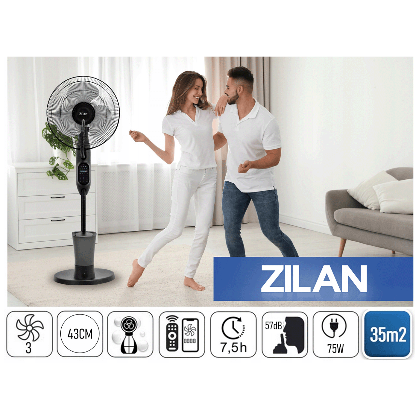Zilan Ventilator sa raspršivačem vode, daljinski upravljač, 75 W - ZLN0977
