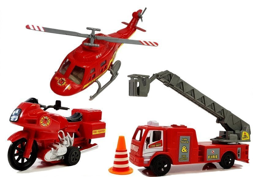 Set vatrogasnih vozila za igru sa motorom i helikopterom - crveni