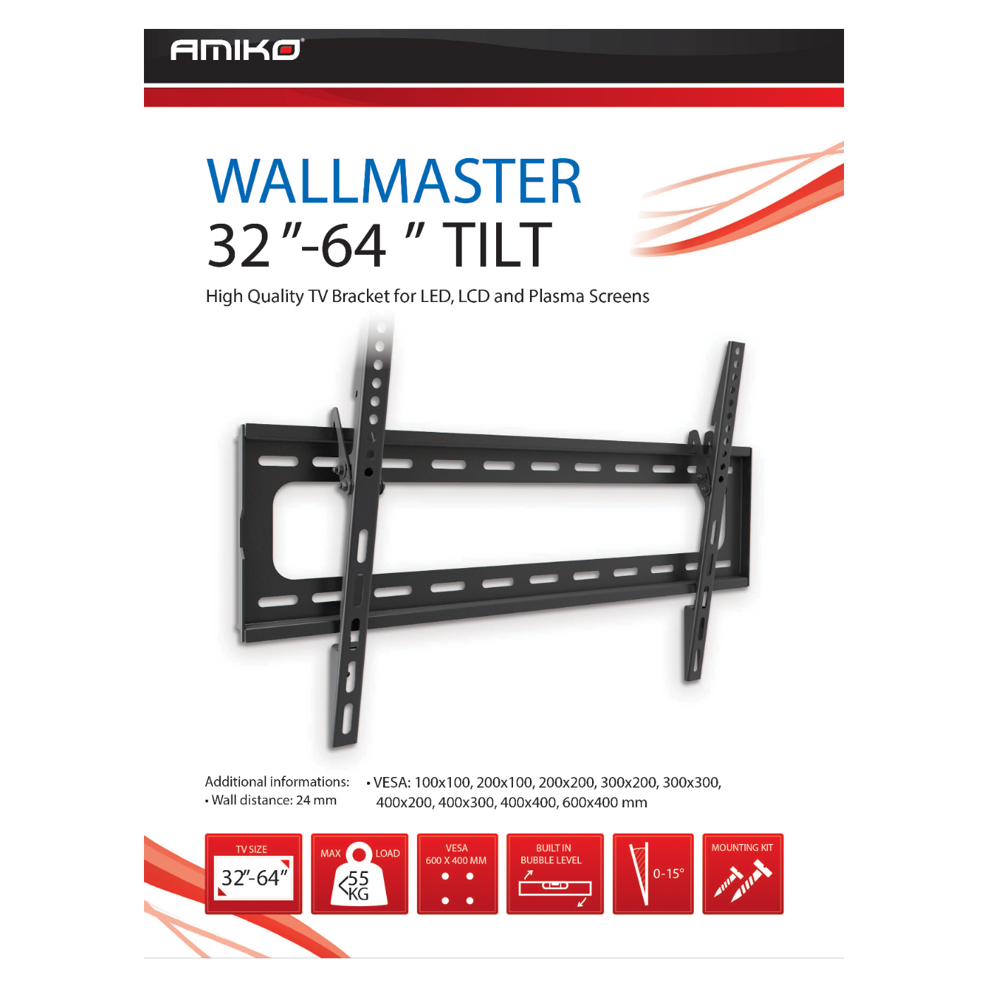 Amiko Nosač zidni za TV prijemnik 32" - 64", 55 kg, 2D - Wallmaster 32-64 Tilt