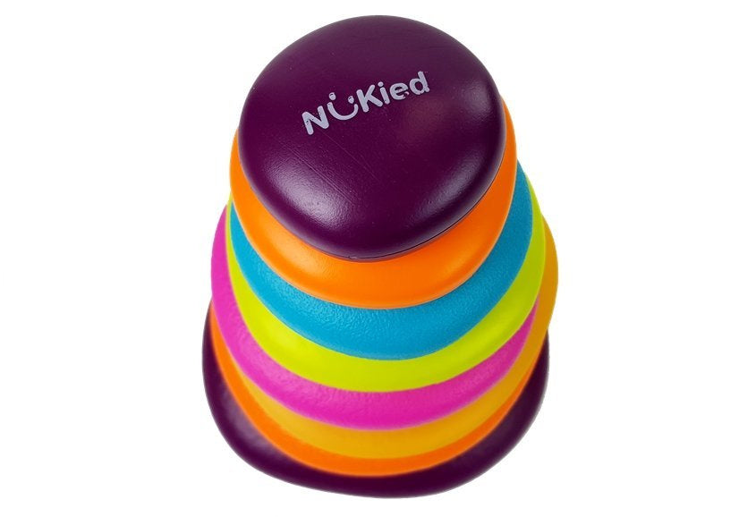 A pyramid of colorful hoops for a baby
