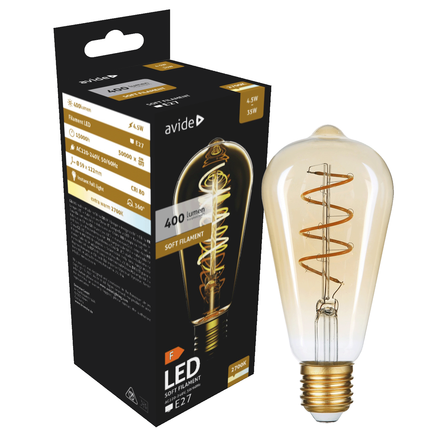 Avide Žarulja,LED,4.5W,E27,2700K,230V AC,topla bijela svjetlost - Soft Filament ST58 4.5W E27
