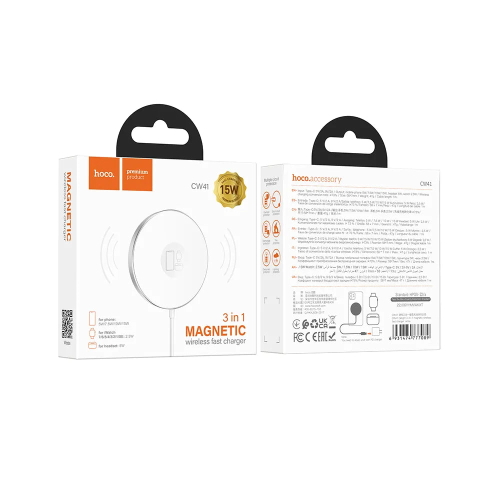 HOCO 3u1 15W induktivni punjač kompatibilan s MagSafe Delight CW41 bijeli