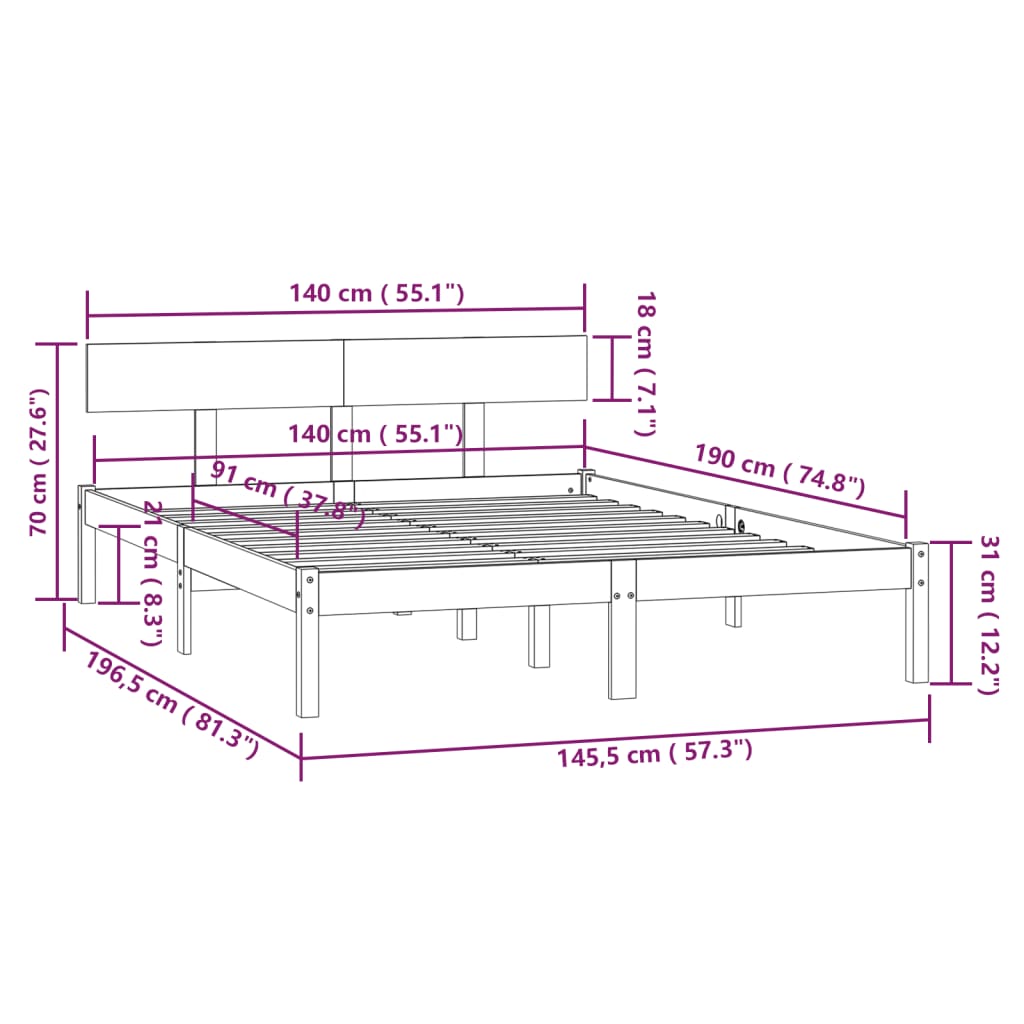 Okvir za krevet od masivne borovine bijeli 140 x 190 cm
