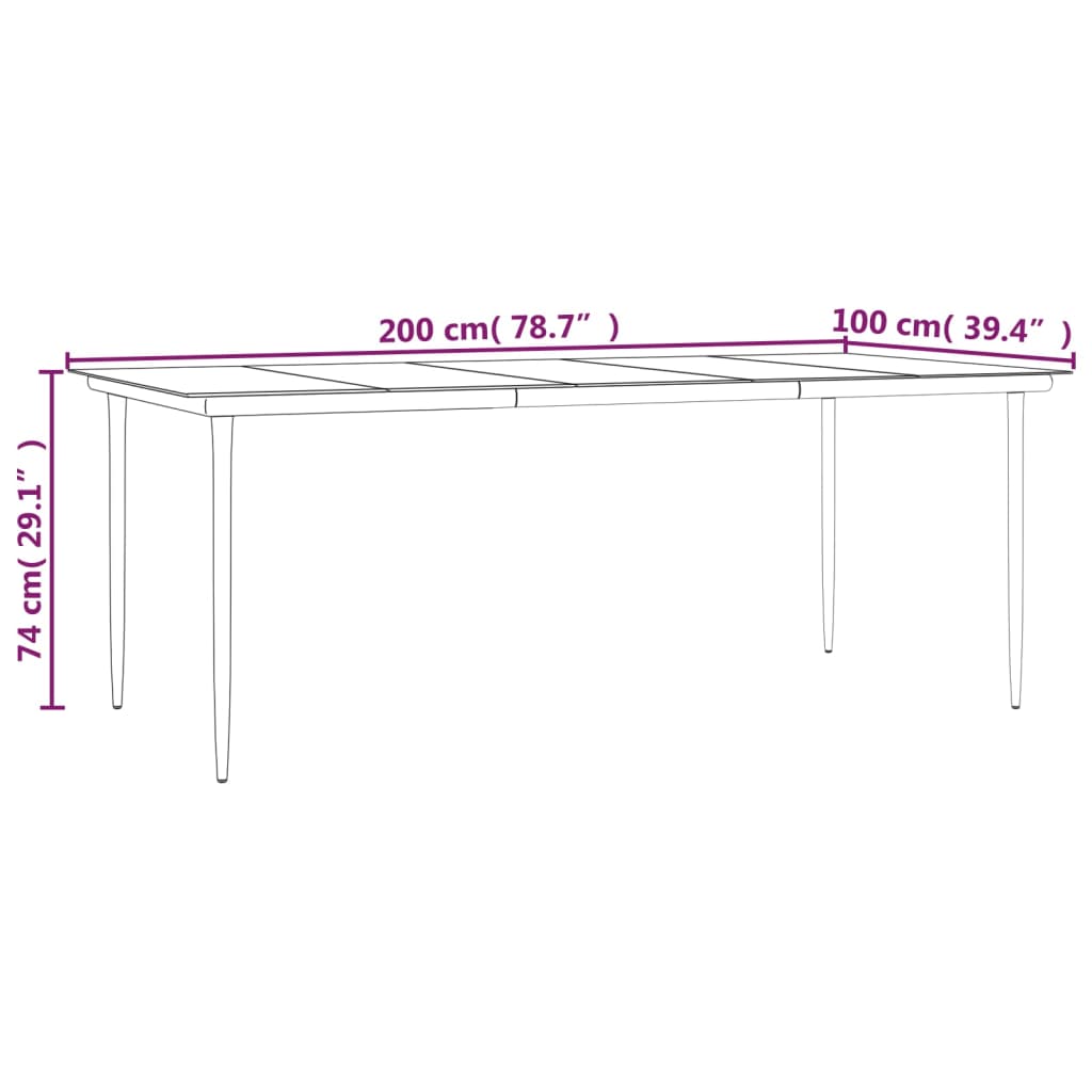Vrtni blagovaonski stol crni 200x100x74 cm čelik i kaljeno staklo