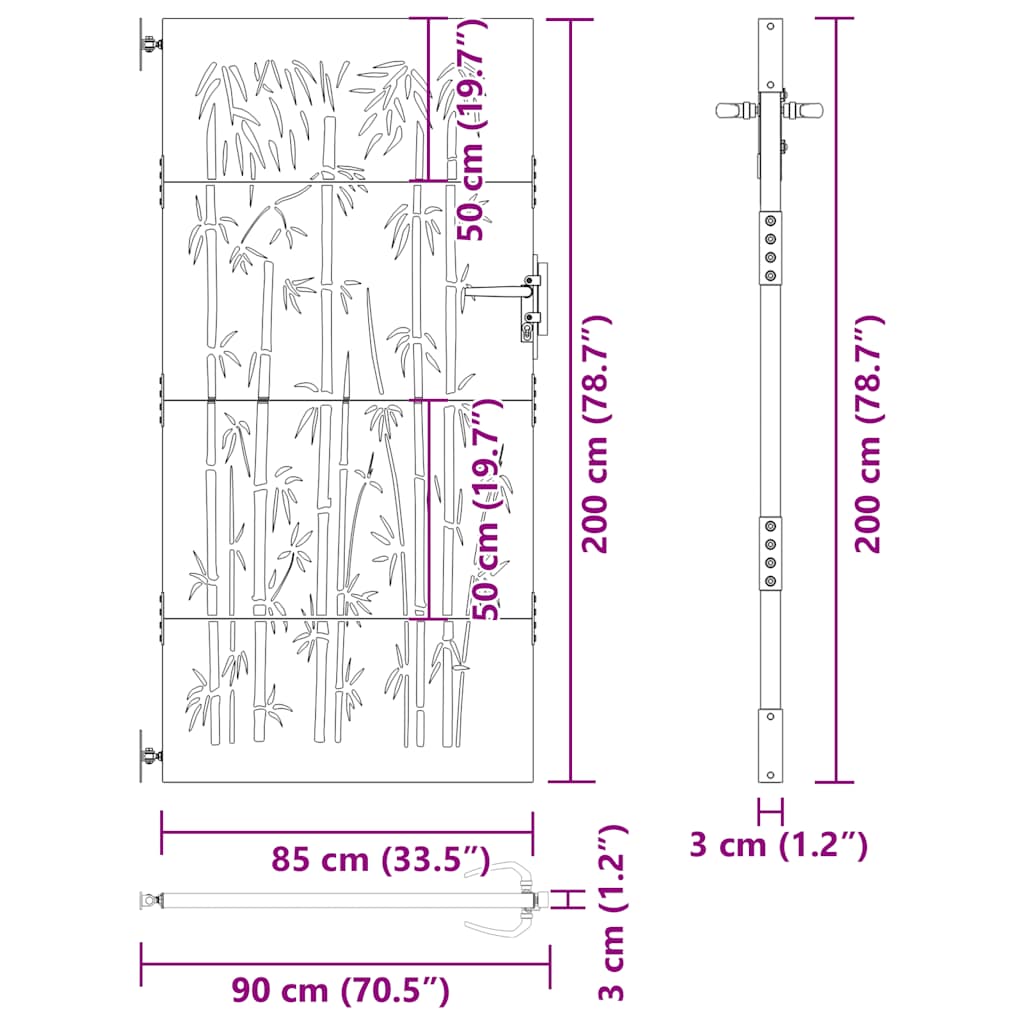 Vrtna vrata 85 x 200 cm od čelika COR-TEN s uzorkom bambusa