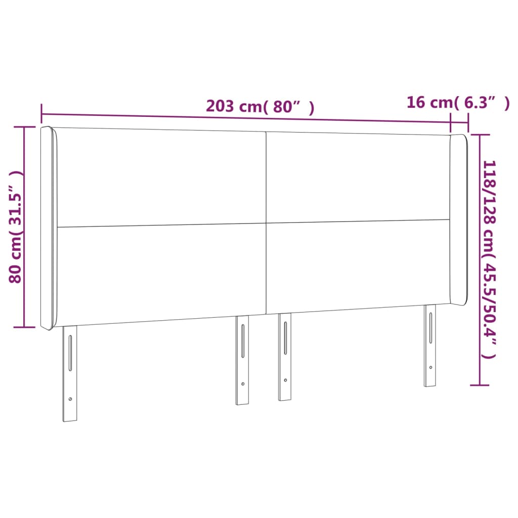 Uzglavlje s ušima crno 203x16x118/128 cm baršunasto
