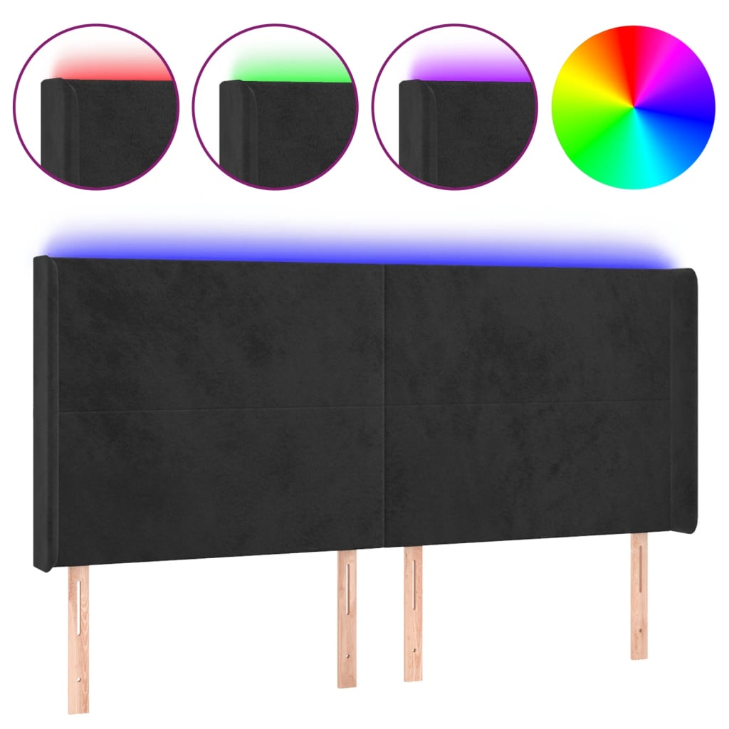 LED uzglavlje crno 183 x 16 x 118/128 cm baršunasto