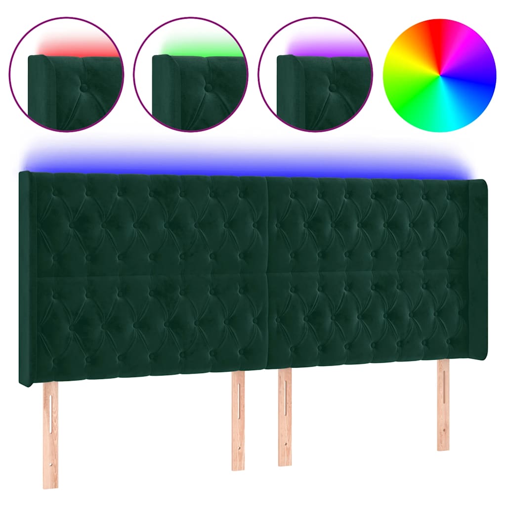 LED uzglavlje tamnozeleno 183 x 16 x 118/128 cm baršunasto