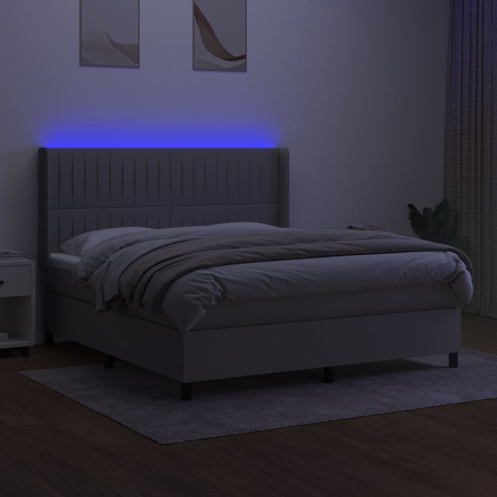 Krevet box spring s madracem LED svjetlosivi 180x200 cm tkanina