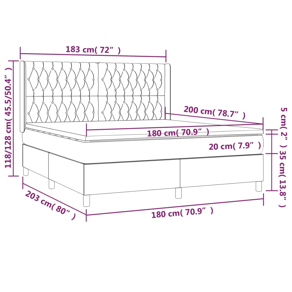 Krevet box spring s madracem LED svjetlosivi 180x200 cm tkanina