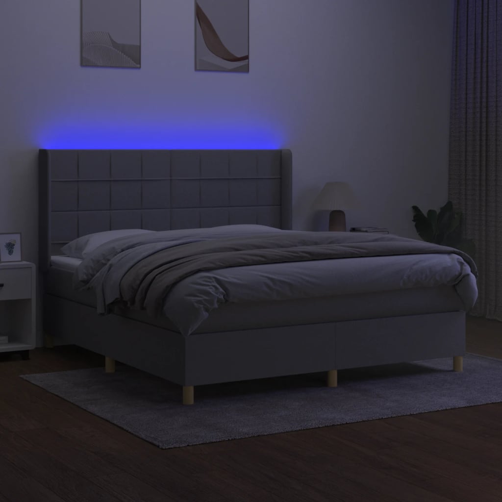 Krevet box spring s madracem LED svjetlosivi 180x200 cm tkanina