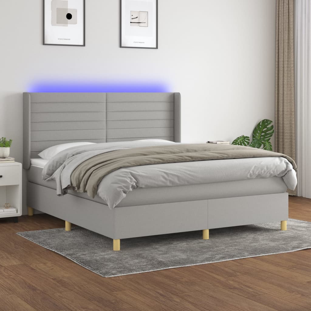 Krevet box spring s madracem LED svjetlosivi 180x200 cm tkanina