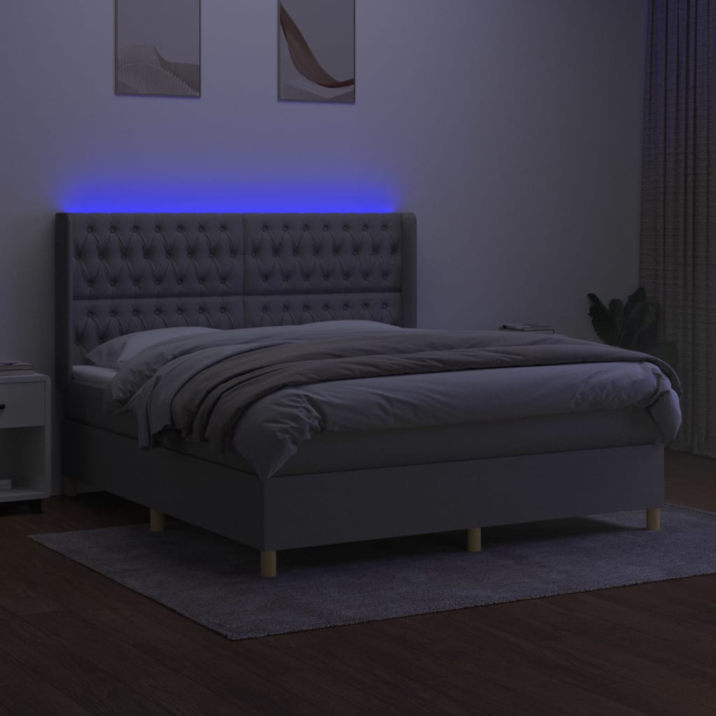 Krevet box spring s madracem LED svjetlosivi 180x200 cm tkanina