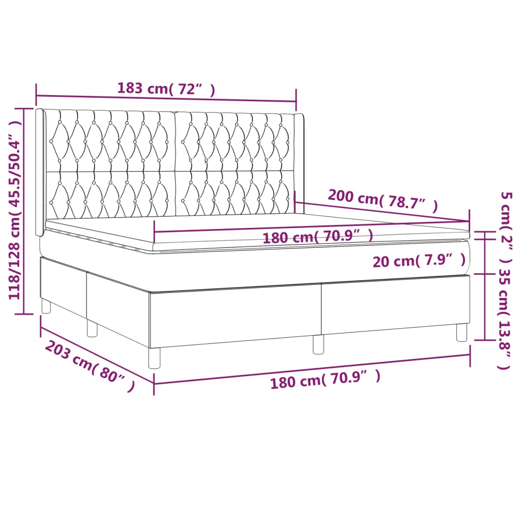 Krevet box spring s madracem LED svjetlosivi 180x200 cm tkanina