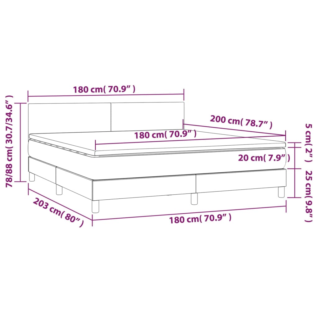Krevet box spring s madracem LED svjetlosivi 180x200 cm tkanina