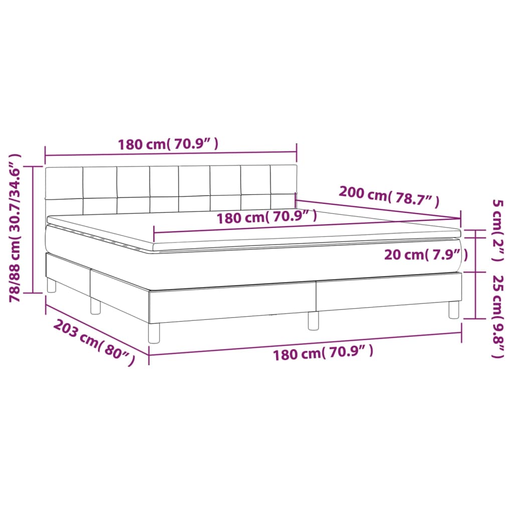 Krevet box spring s madracem LED svjetlosivi 180x200 cm tkanina