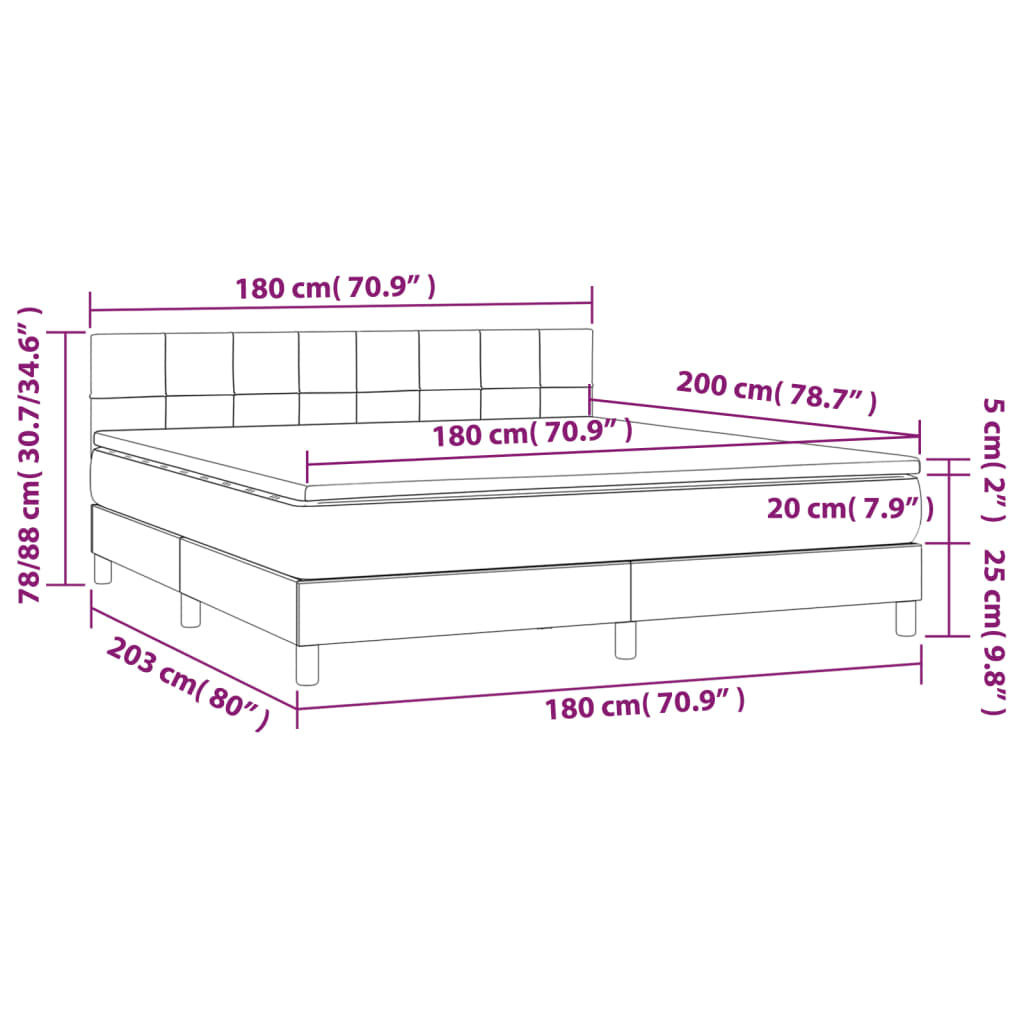 Krevet box spring s madracem LED svjetlosivi 180x200 cm tkanina