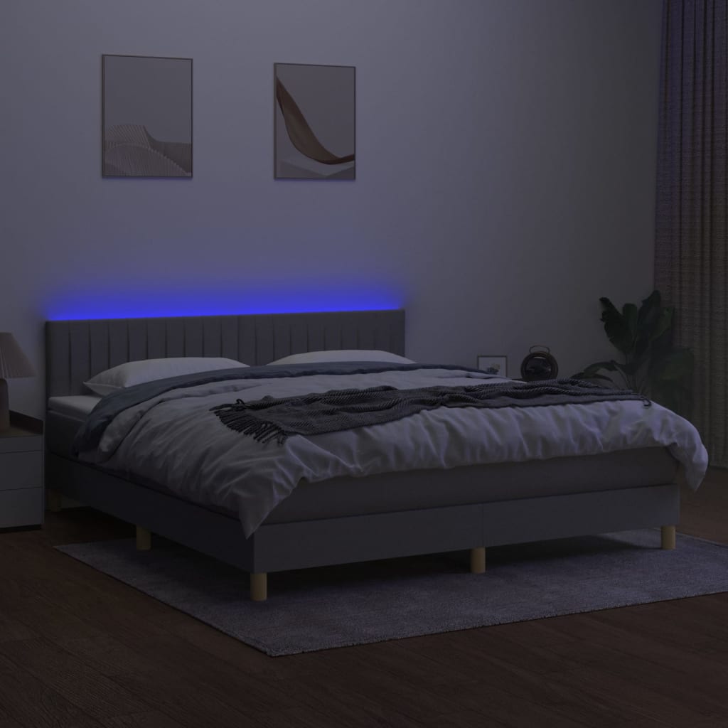 Krevet box spring s madracem LED svjetlosivi 180x200 cm tkanina