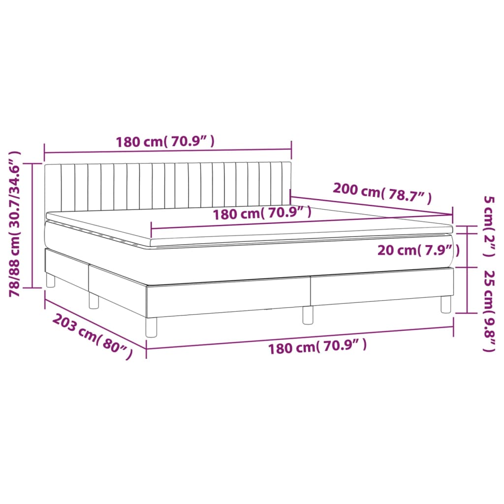 Krevet box spring s madracem LED svjetlosivi 180x200 cm tkanina