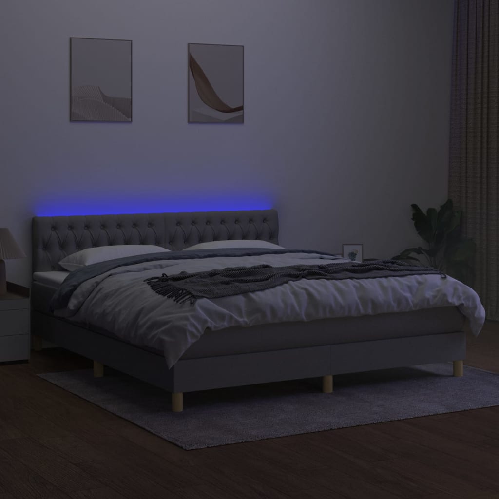 Krevet box spring s madracem LED svjetlosivi 180x200 cm tkanina