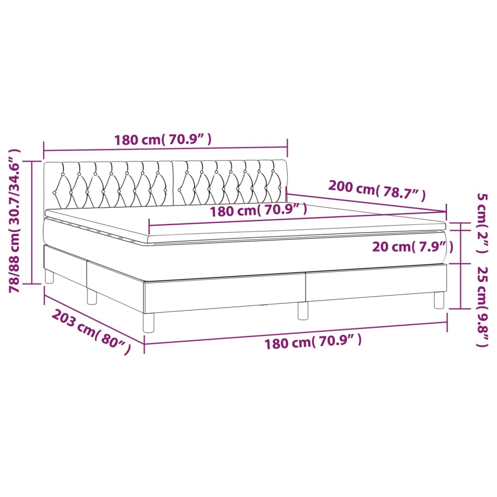 Krevet box spring s madracem LED svjetlosivi 180x200 cm tkanina