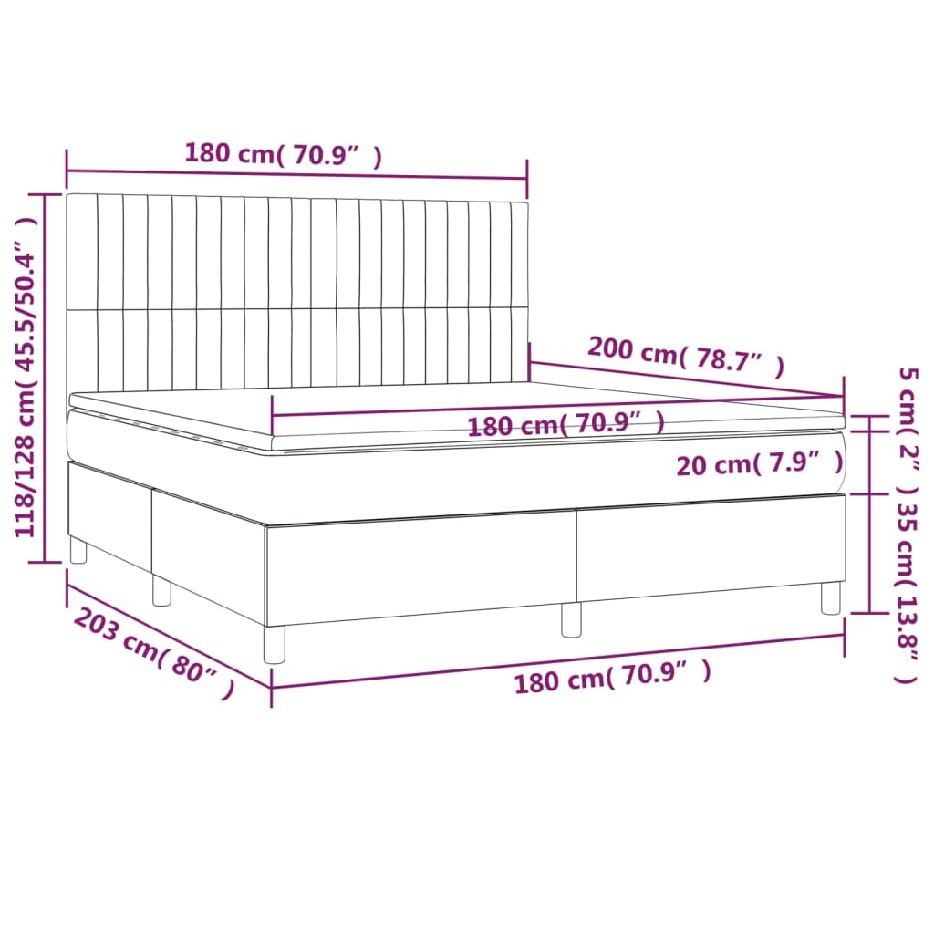 Krevet box spring s madracem LED svjetlosivi 180x200 cm tkanina