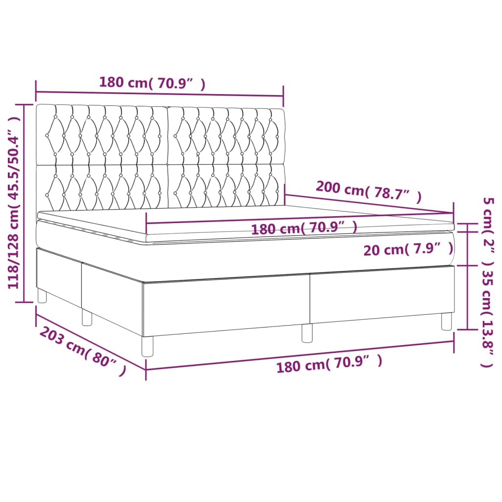 Krevet box spring s madracem LED svjetlosivi 180x200 cm tkanina