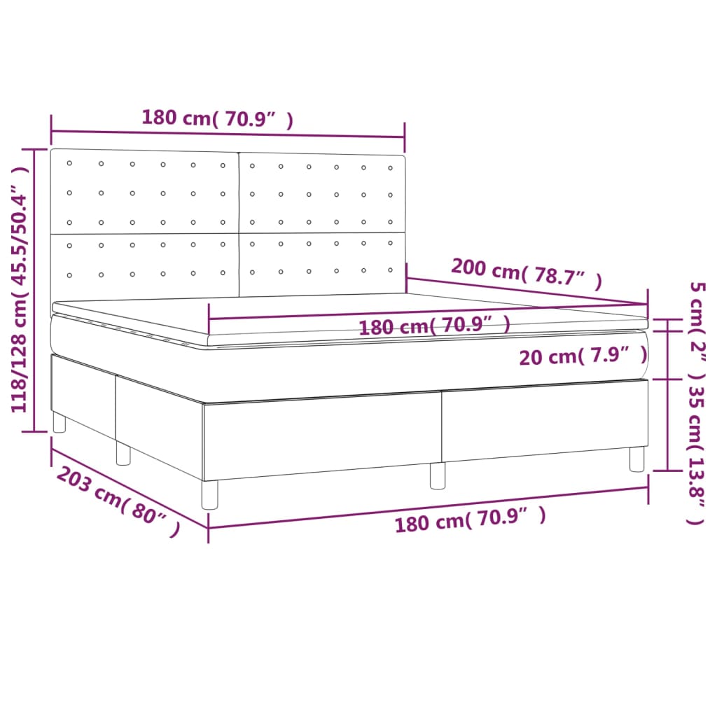 Krevet box spring s madracem LED svjetlosivi 180x200 cm tkanina