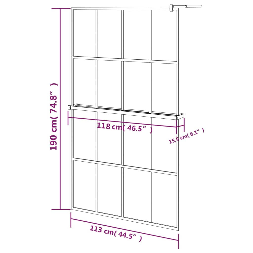 Pregrada za tuš s policom crna 118x190 cm staklo ESG i aluminij